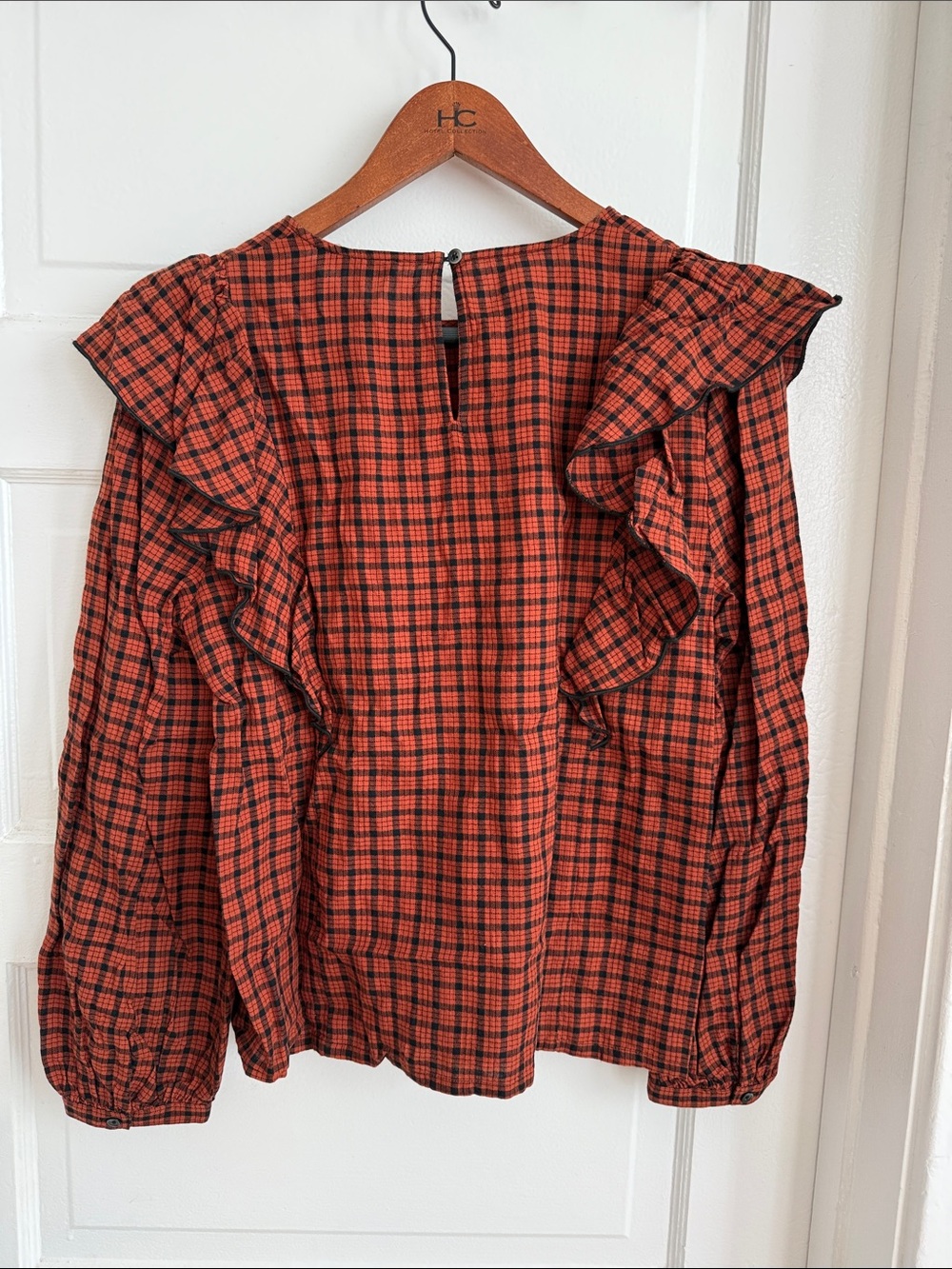 Madewell Rust Orange and Black Plaid Ruffle Top - Picture 5 of 7